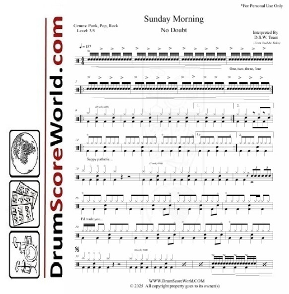 No Doubt - Sunday Morning - Drum Sheet & Play-Along Track